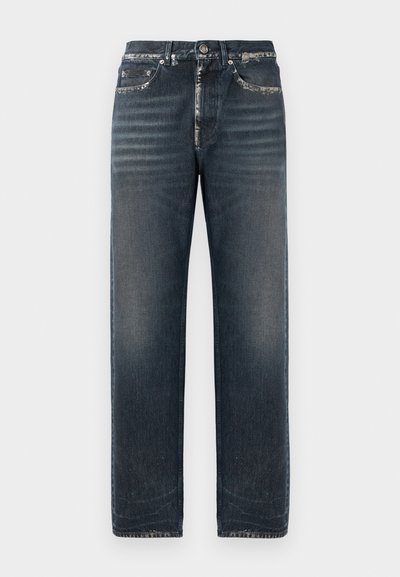 Dark blue denim jeans with a relaxed fit, featuring subtle fading, a straight leg, and a classic five-pocket design.