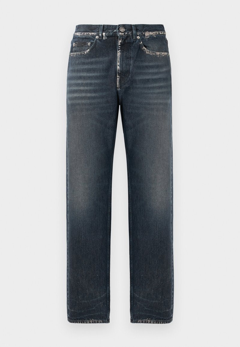 Jeans in denim blu scuro con una vestibilità comoda, caratterizzati da una leggera scoloritura, gamba dritta e un classico design a cinque tasche.