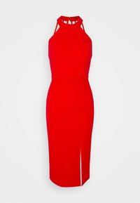 Robe midi rouge sans manches avec décolleté halter, taille cintrée et fente à l'avant, présentée sur un fond blanc uni.