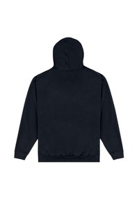 Zwarte hoodie met een zachte textuur. Beschikt over lange mouwen, een kangoeroezak en een geribbelde zoom. Eenvoudig ontwerp zonder versieringen.