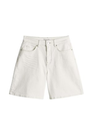 White denim shorts with front button, zip closure, belt loops, and two front pockets, displayed on a white background.