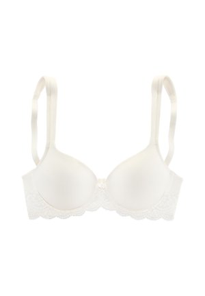 White padded bra with adjustable straps and lace trim along the bottom edge, displayed on a plain white background.