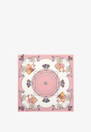 Roze zijden sjaal met een ingewikkeld ontwerp van wielen, franjes en cirkelpatronen, verfraaid met paarse en gouden details.