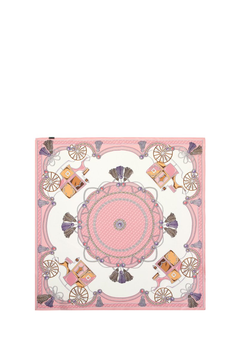 Bufanda de seda rosa con un diseño intrincado que presenta ruedas, borlas y patrones circulares, acentuado con detalles en púrpura y oro.