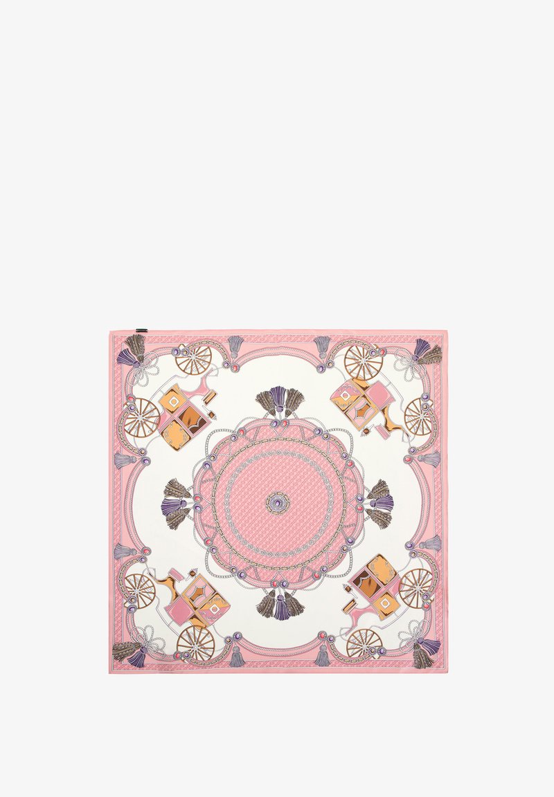 Bufanda de seda rosa con un diseño intrincado que presenta ruedas, borlas y patrones circulares, acentuado con detalles en púrpura y oro.