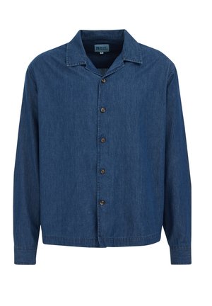 Camicia di jeans di colore blu scuro, maniche lunghe, design con colletto, chiusura frontale con bottoni marroni e texture sottile.