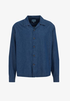 Tamsiai mėlynas džinsinis marškinis su ilgomis rankovėmis, apykaklės dizainu, priekiniais užtrauktukais su rudais mygtukais ir subtilia tekstūra.