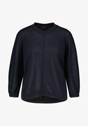 Pull en maille bleu foncé avec des manches longues légèrement bouffantes, un col rond et un ourlet arrondi. Tissu texturé avec une apparence légère.