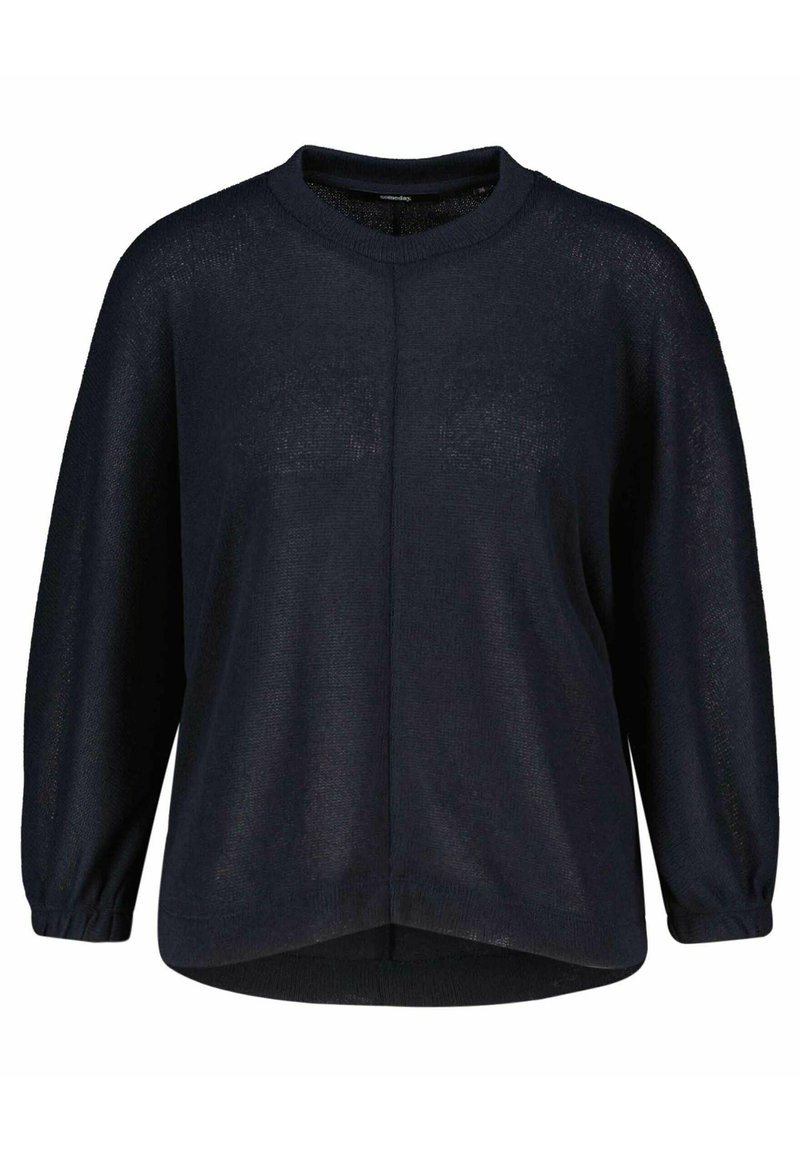 Ciemnoniebieski sweter z dzianiny z długimi, lekko bufkami rękawami, okrągłym dekoltem i zaokrąglonym hemem. Teksturowana tkanina o lekkim wyglądzie.