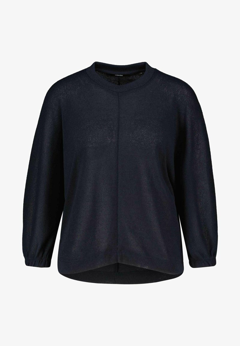 Ciemnoniebieski sweter z dzianiny z długimi, lekko bufkami rękawami, okrągłym dekoltem i zaokrąglonym hemem. Teksturowana tkanina o lekkim wyglądzie.