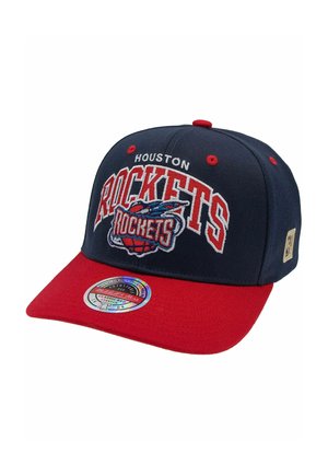Marineblaue und rote Houston Rockets Kappe mit gesticktem Logo und verstellbarem Passform-Aufkleber auf der roten Krempe.