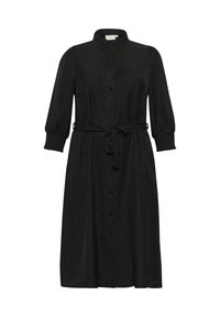 Black shirt dress made of textured fabric; features a collar, buttons down the front, long puffed sleeves, and a matching belt at the waist.