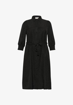 Fekete ingruha textúrált anyagból; gallérral, elöl gombokkal, hosszú puffos ujjakkal és övvel a derékon.