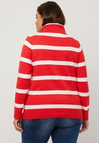 Röd och vit randig tröja med hög krage. Mjukt, strukturerat tyg med en avslappnad passform och långa ärmar. Buren med blå jeans.