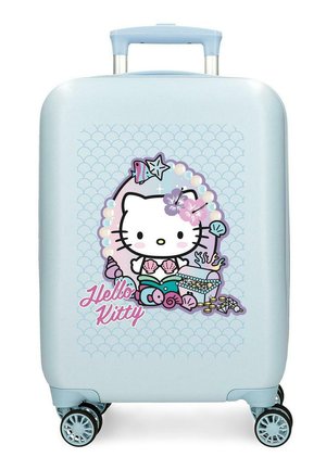 Maleta azul clara con asa telescópica y ruedas, decorada con Hello Kitty vestida de sirena rodeada de conchas y tesoros marinos.