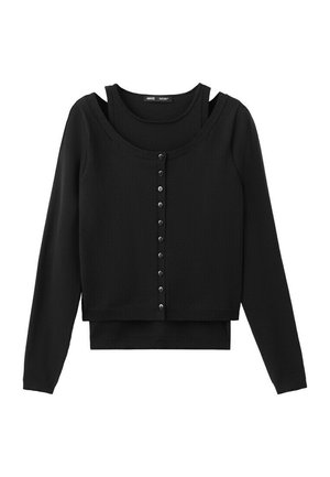 Zwarte lange mouw gelaagde cardigan met knopen aan de voorkant en een binnen mouwloos tanktop-halsdetail.