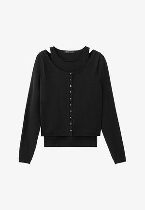 Zwarte lange mouw gelaagde cardigan met knopen aan de voorkant en een binnen mouwloos tanktop-halsdetail.