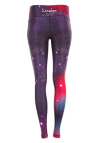 Polyester leggings met een paarse en rode gradient ontwerp met geometrische patronen en sterachtige accenten; elastische tailleband met logo.