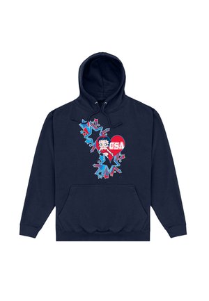 Granatowy hoodie z graficznym nadrukiem gwiazdek i serca z napisem "USA" w pogrubionej bieli, wykonany z bawełnianego materiału, z sznurkami do regulacji i kieszenią z przodu.