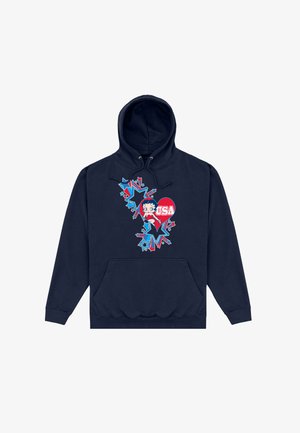 Hoodie bleu marine avec un motif graphique d'étoiles et d'un cœur portant "USA" en blanc gras, en tissu coton, avec des cordons de serrage et une poche avant.
