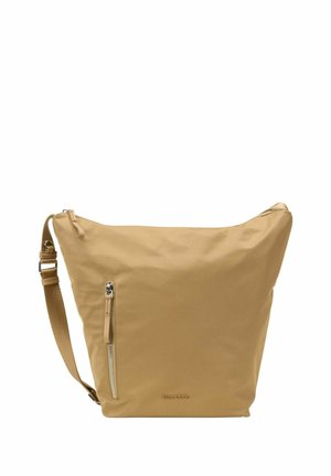 Tan hobo tas van zacht nylon met een ritszak, verstelbare schouderband en subtiele logodetailing aan de onderkant.