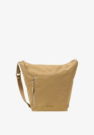 Borsa hobo color beige realizzata in nylon morbido, con una tasca con zip, tracolla regolabile e un discreto logo posizionato nella parte inferiore.