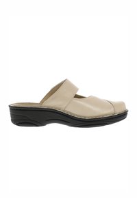 Beige open-back leather clog with black cushioned sole, rounded toe, and wide strap across the top for secure fit.