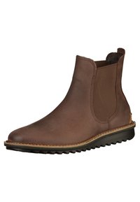 Bottine en cuir marron avec panneaux latéraux élastiques, texture lisse, détails cousus et semelle robuste pour une bonne traction.