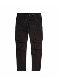 Black cargo pants with multiple large pockets, zipper details, and reinforced stitching. Made from durable fabric with a sleek, straight fit.