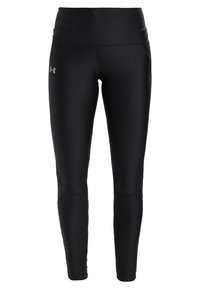 Svarta atletiska leggings tillverkade av ett elastiskt, mjukt material, med hög midja och en subtil logotyp på vänster lår.