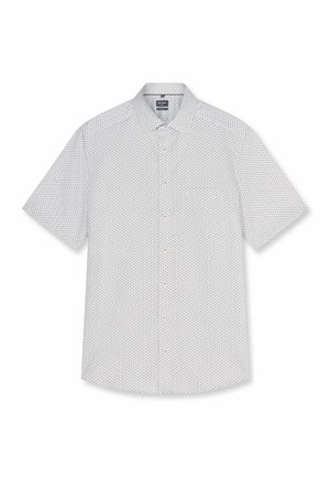 Camicia bianca a maniche corte con piccoli motivi geometrici grigi e colletto classico, stesa su sfondo bianco.