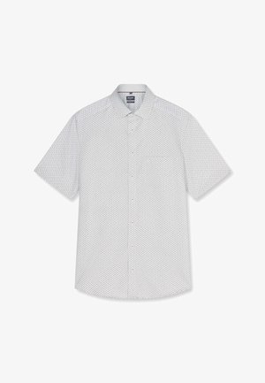 Camicia bianca a maniche corte con piccoli motivi geometrici grigi e colletto classico, stesa su sfondo bianco.