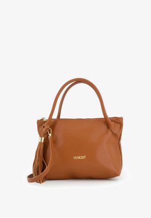 Brun lædertaske med dobbelte håndtag, frynse-detalje og "Venezia" logo i gyldne bogstaver på forsiden.