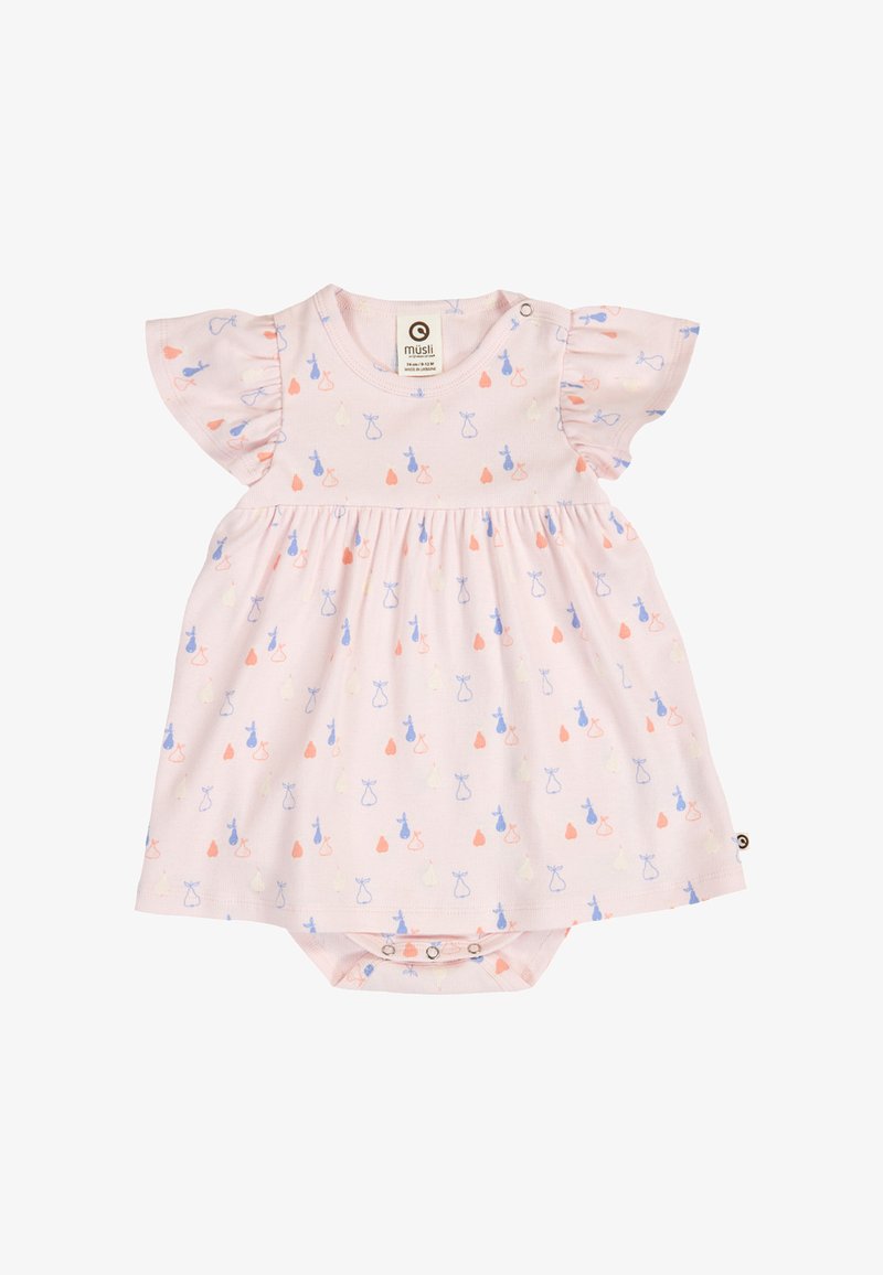 Soft pink baby dress with flutter sleeves, blue and orange cat and pear print, and snap buttons on shoulder and bottom.