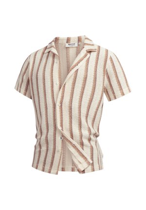 Camicia beige a maniche corte con righe verticali marroni e rosse, tessuto strutturato, colletto aperto e parte frontale parzialmente sbottonata.