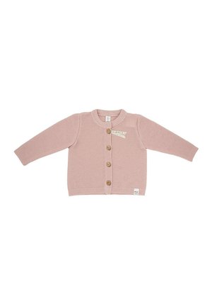 Pink knitted cardigan with a round neckline, long sleeves, five wooden buttons, and a small label on the hem. Even texture throughout.