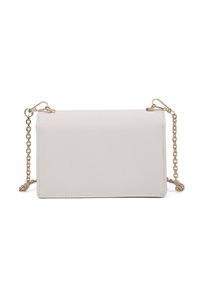 Borsa a tracolla beige con finitura testurizzata, dotata di tracolla a catena dorata e chiusura a clip. Forma rettangolare con design pulito e minimale.
