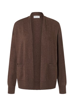 Brun cardigan med åben front, lange ærmer, to forlommer og ribkant ved manchet og kant.