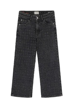 Vaqueros de pierna ancha negros fabricados en denim, con una superficie texturizada, diseño clásico de cinco bolsillos y sutiles detalles de dobladillo deshilachado.