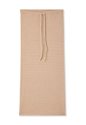 Gonna lavorata a maglia beige con una texture liscia, dotata di un cordoncino in vita e un design semplice ed allungato.