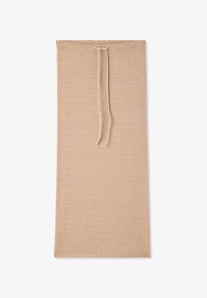 Gonna lavorata a maglia beige con una texture liscia, dotata di un cordoncino in vita e un design semplice ed allungato.