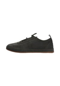 Dunkelgrüner Ledersneaker mit glatter Textur, runder Zehenpartie und Schnürdesign. Verfügt über eine genähte Gummisohle und eine Zuglasche auf der Rückseite.