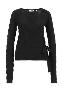 Pull noir enroulé avec des manches longues, en tissu texturé, décolleté en V et une attache sur le côté. Présente un motif en maille ouverte et une silhouette ajustée.