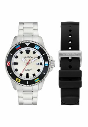 Sidabrinis nerūdijančio plieno laikrodis su juodu apvadu, raštuotu balto ciferblato fone ir spalvingomis jūrinėmis vėliavėlėmis. Komplekte yra juodas guminis dirželis. Atsparus vandeniui.