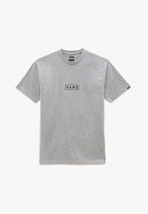 Camiseta gris de manga corta Vans con cuello redondo y logo negro de Vans centrado en el pecho, mostrada extendida sobre un fondo blanco.