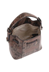 Bruine slangenprint handtas met een gestructureerde vorm en korte handvatten. Het interieur heeft een lichte voering en een minimalistisch ontwerp.