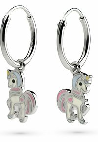 Zilveren oorringen met kleurrijke eenhoornbedels met roze en blauwe accenten, emaille details en een gepolijste afwerking.