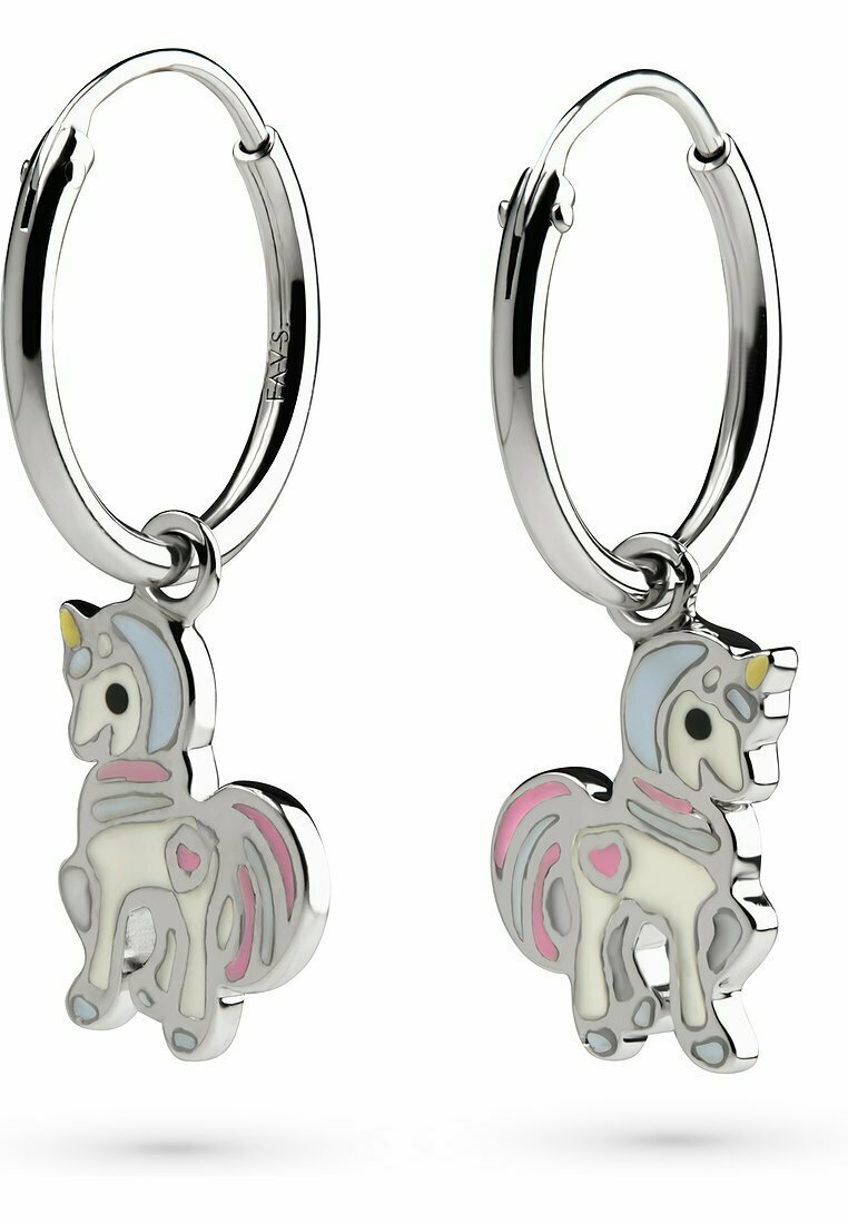 Zilveren oorringen met kleurrijke eenhoornbedels met roze en blauwe accenten, emaille details en een gepolijste afwerking.