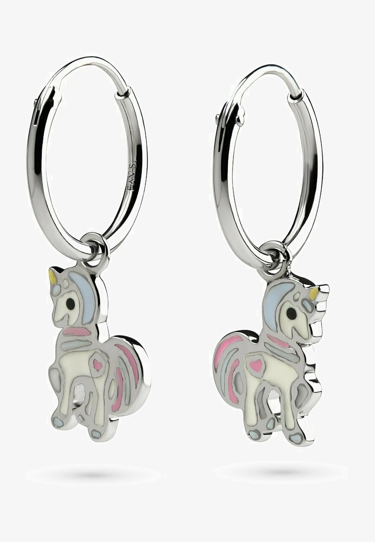 Zilveren oorringen met kleurrijke eenhoornbedels met roze en blauwe accenten, emaille details en een gepolijste afwerking.