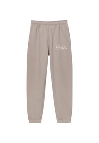 Ljusgrå sweatshirtbyxor i mjuk bomull. Elastisk midja, smalnande ben och tryckt "Chicago State of Illinois, USA" på framsidan.